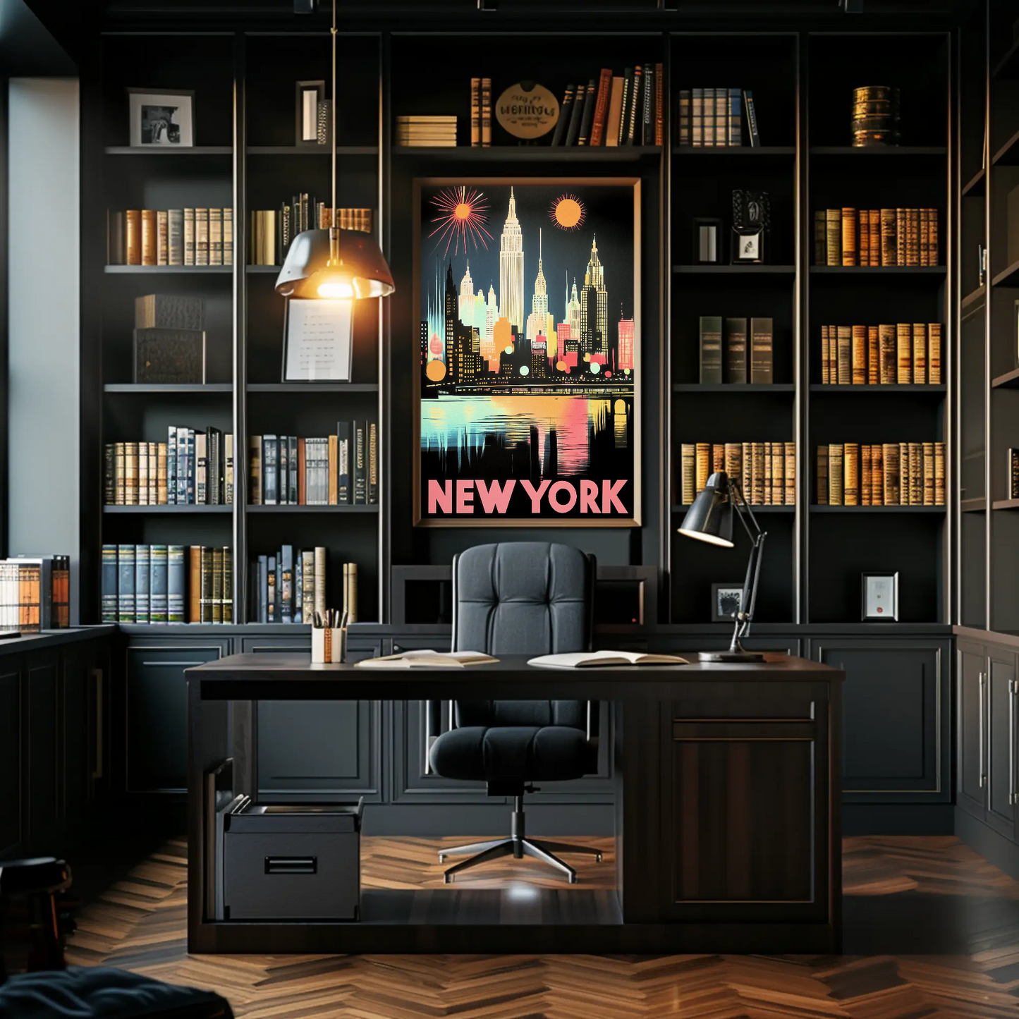 New York Night Skyline Neon Glow Lights Poster