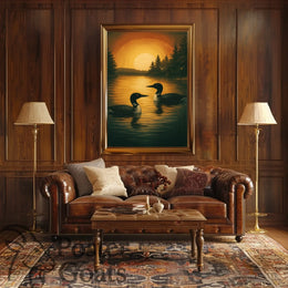 Serene Lake Scene with Loons and Sunset - Animal Poster