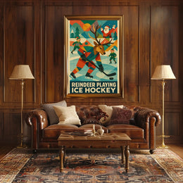 Reindeer Playing Ice Hockey Poster