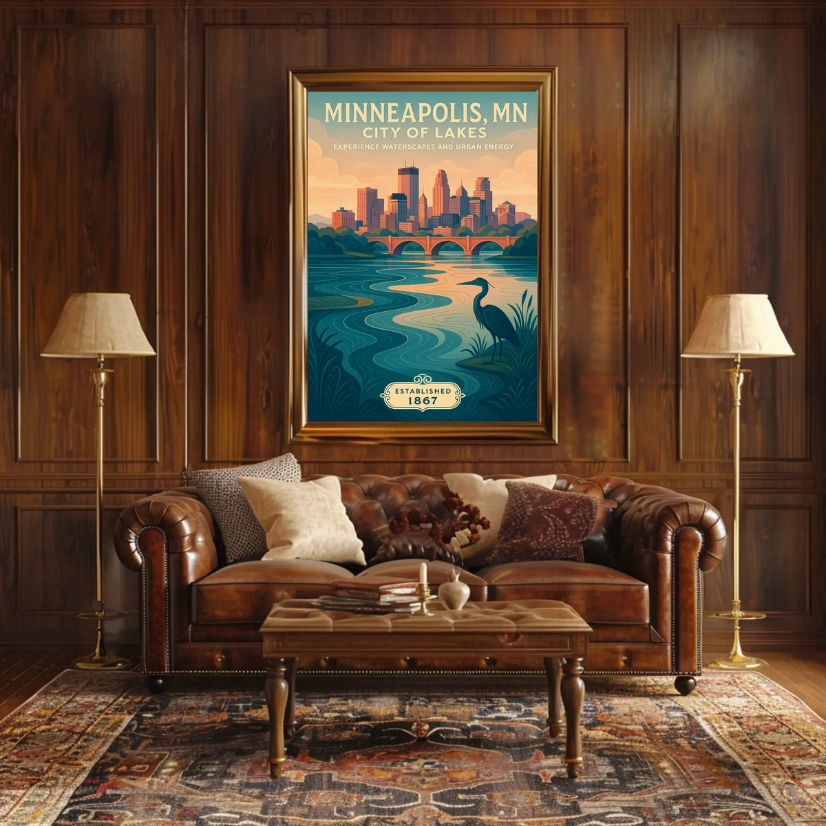 The poster depicts a serene and picturesque representation of Minneapolis, Minnesota, known as Travel Poster
