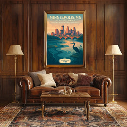 The poster depicts a serene and picturesque representation of Minneapolis, Minnesota, known as Travel Poster