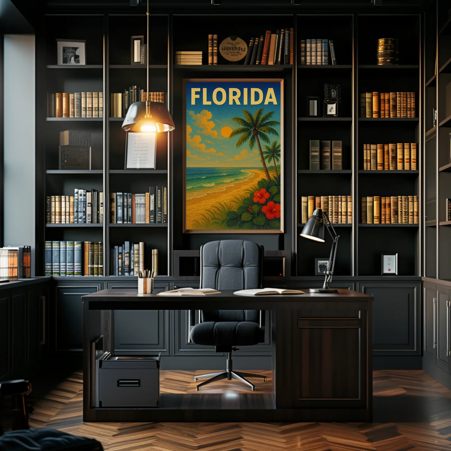 Florida Beach Palm Trees Hibiscus Flowers Travel Poster