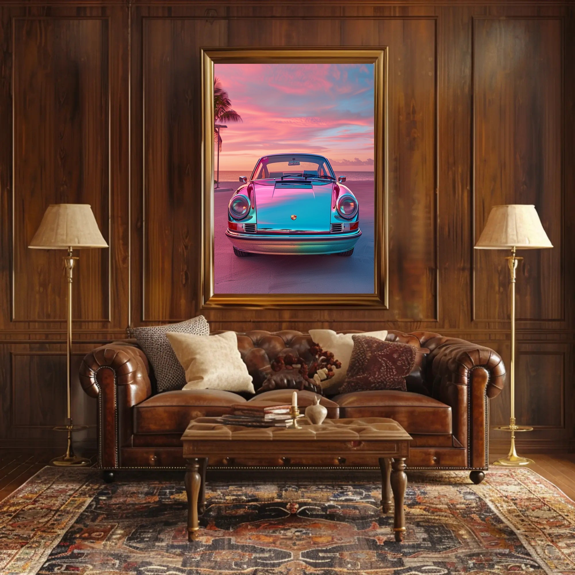 Vintage Car at Sunset Art Print Poster PosterGoat