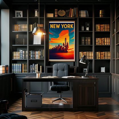 New York State Outline Skyline Sunset Silhouette Travel Poster