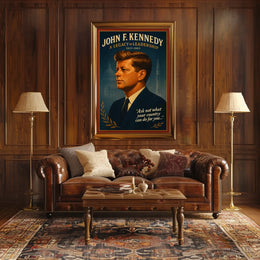 The poster is a vintage-inspired tribute to John F. Kennedy, emphasizing his leadership Travel Poster