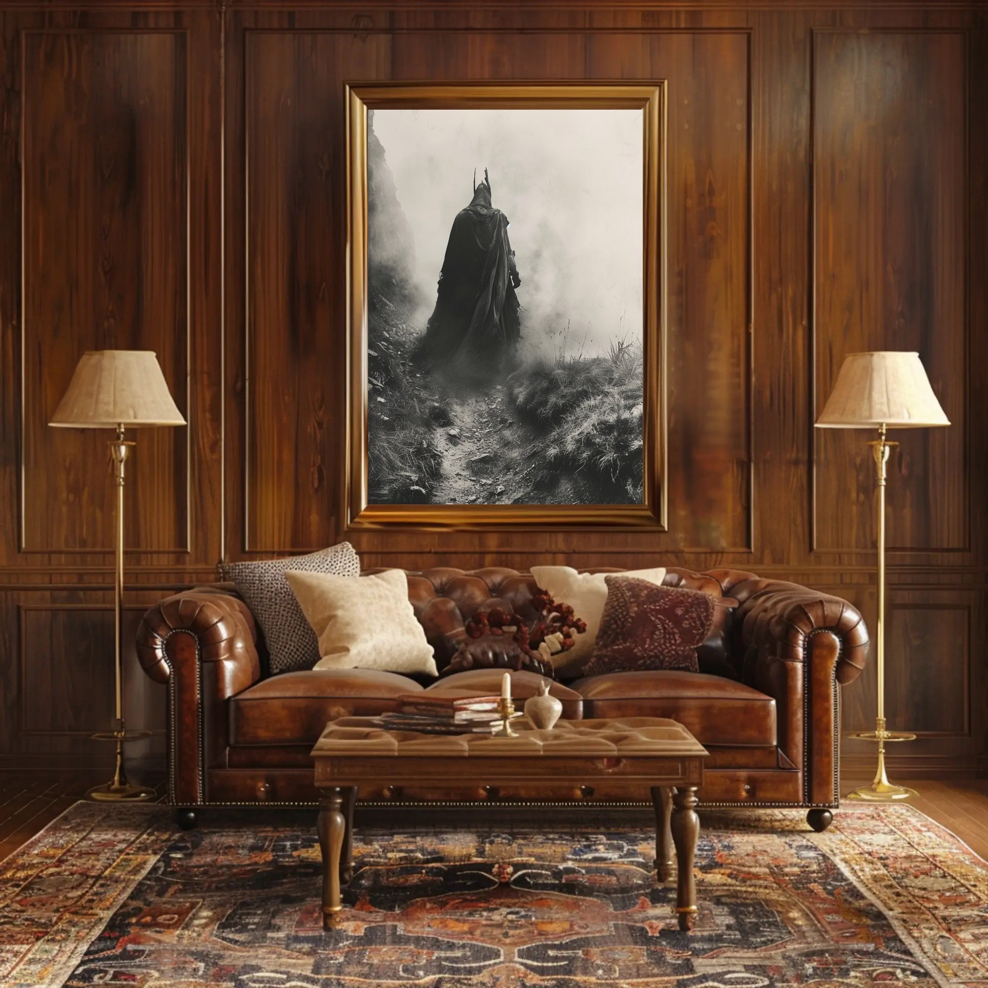 Mysterious Cloaked Figure in Foggy Terrain Fantasy Poster PosterGoat