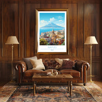 Naples Architecture with Mount Vesuvius Travel Poster