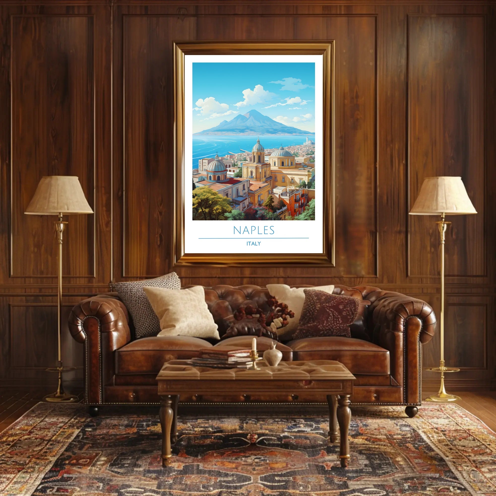 Naples Architecture with Mount Vesuvius Travel Poster