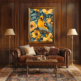 Golden Bird and Blossoms Wall Art Print