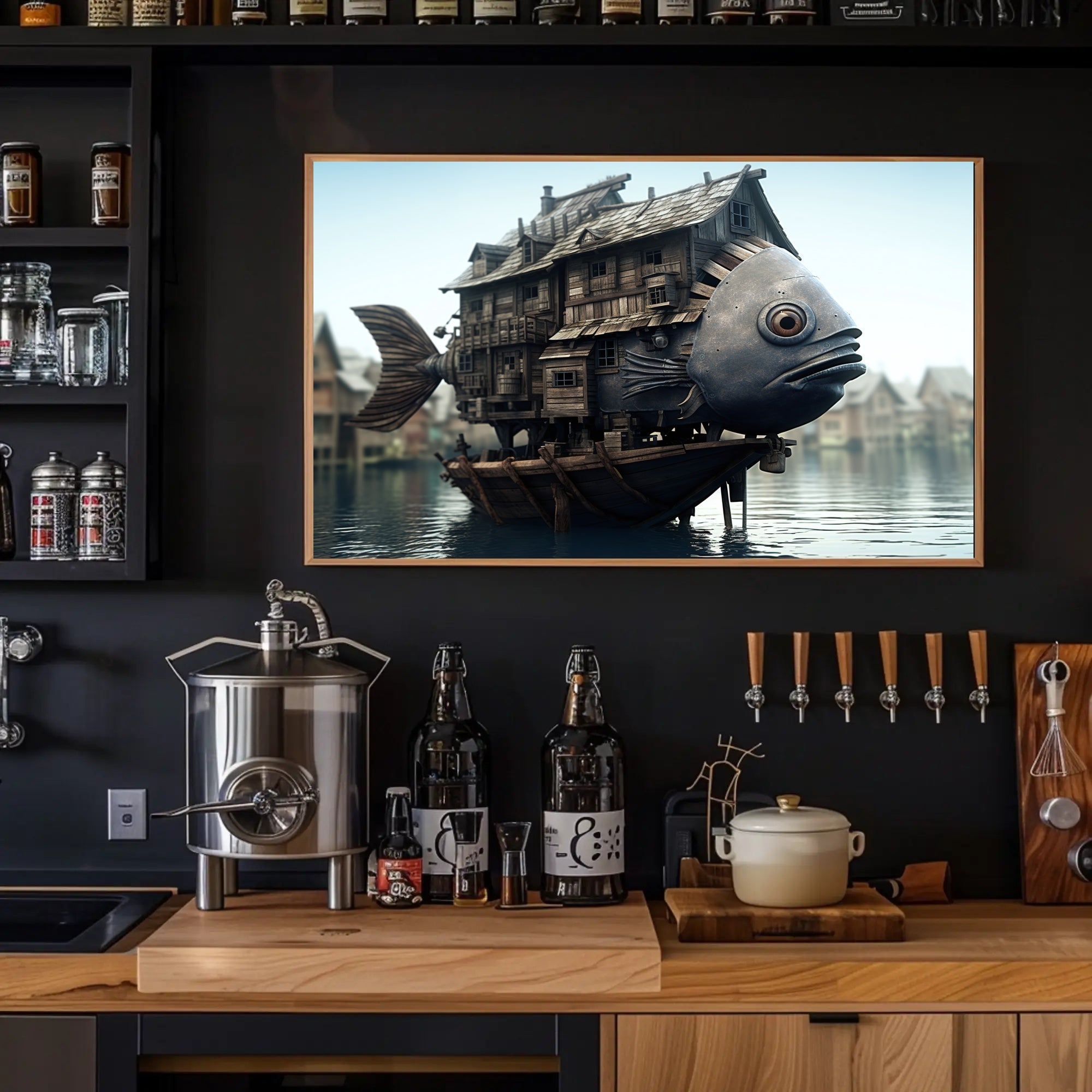 Whimsical Houseboat Scene on Fantasy Poster