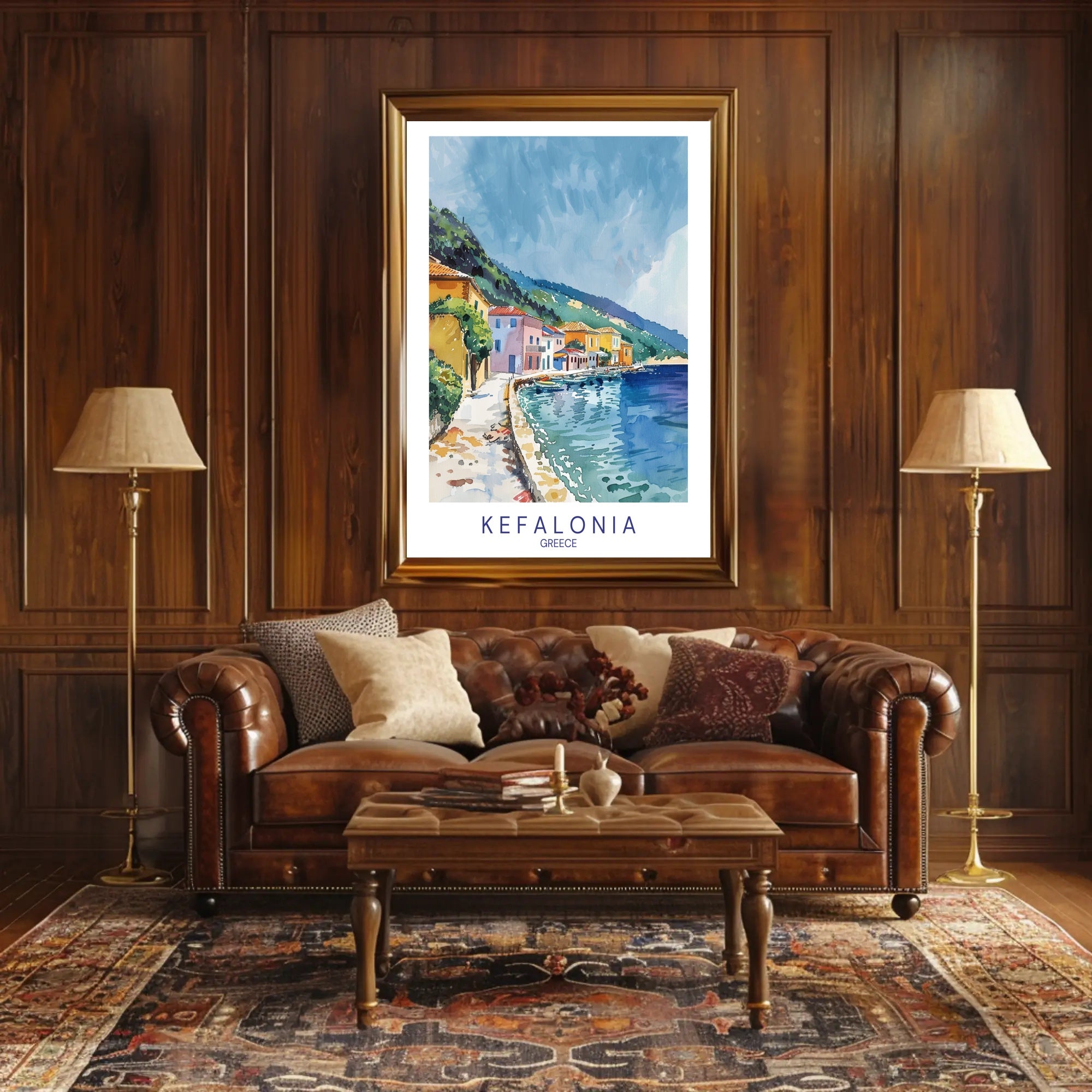 Kefalonia Coastal Charm in Watercolor Travel Poster PosterGoat
