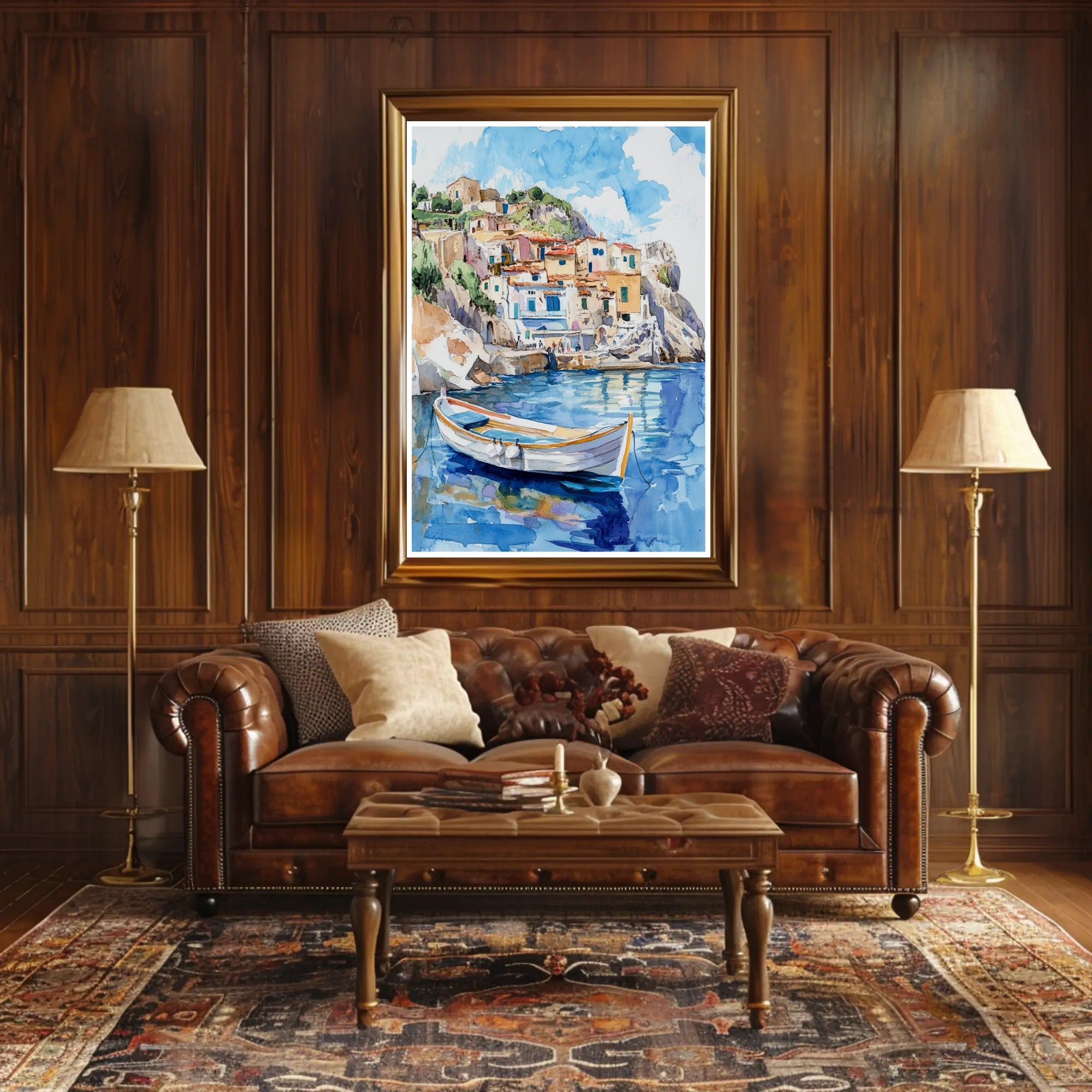 Serene Coastal Village Poster PosterGoat