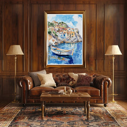 Serene Coastal Village Poster PosterGoat