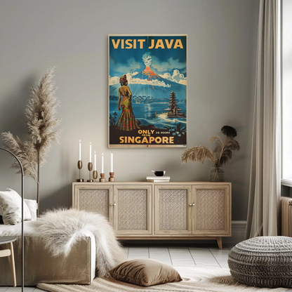 Visit Java Volcano Temple Woman View Vintage Travel Poster