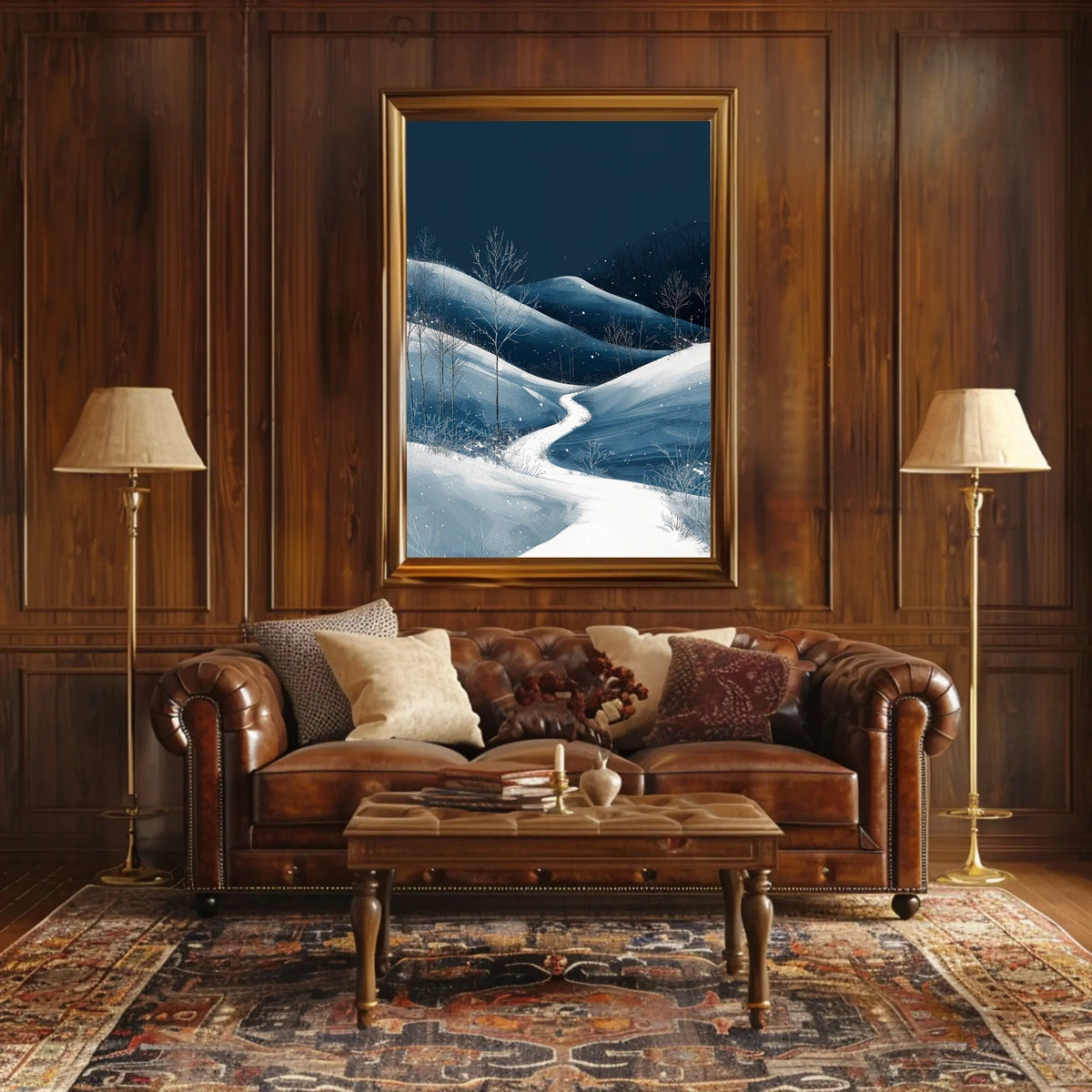 Winter Night Serenity: Minimalist Landscape Art Poster