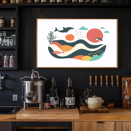 The poster features a whimsical and abstract marine scene. Central to the design Travel Poster