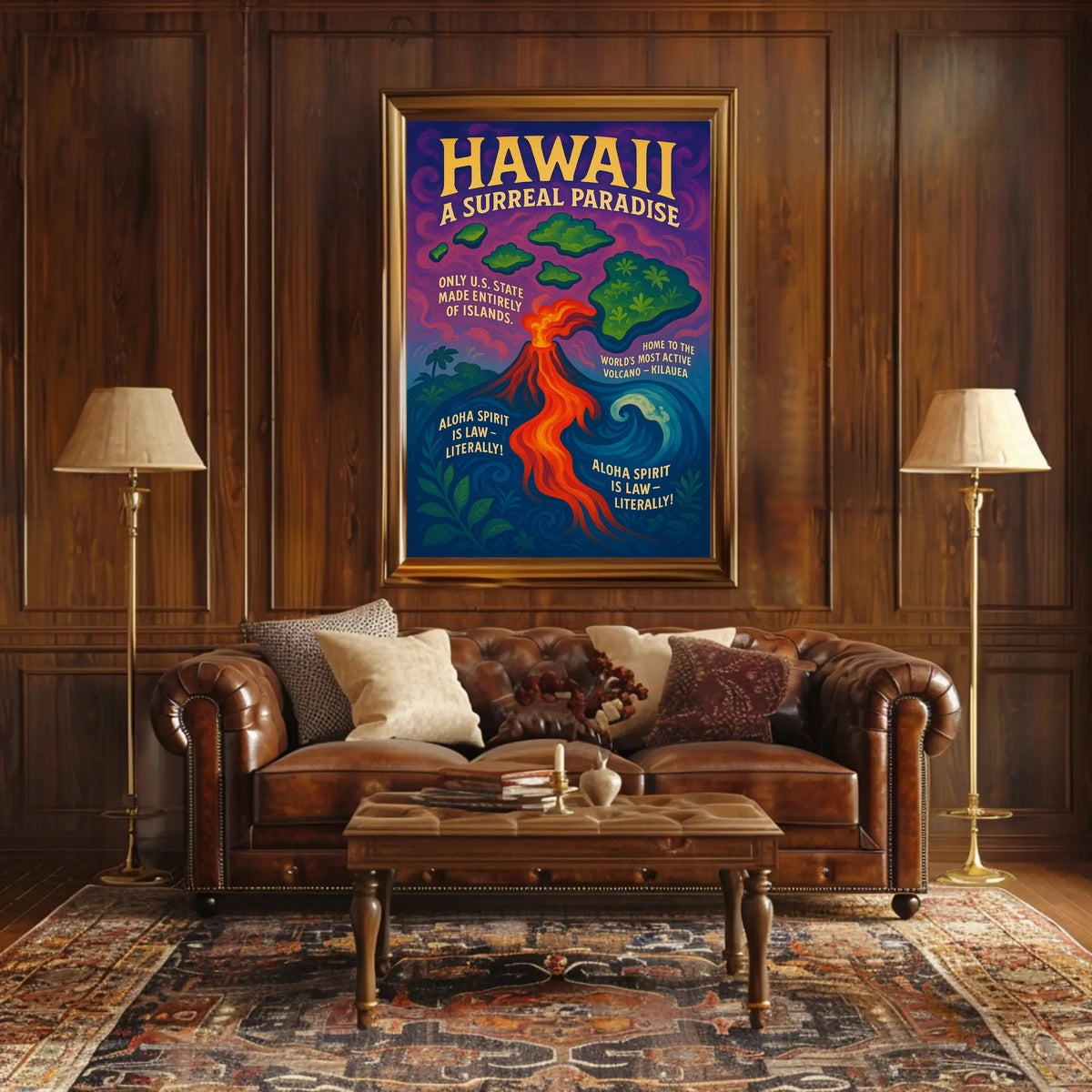 The poster features a vibrant and surreal depiction of Hawaii. The core subject Travel Poster