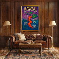 The poster features a vibrant and surreal depiction of Hawaii. The core subject Travel Poster