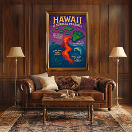 The poster features a vibrant and surreal depiction of Hawaii. The core subject Travel Poster