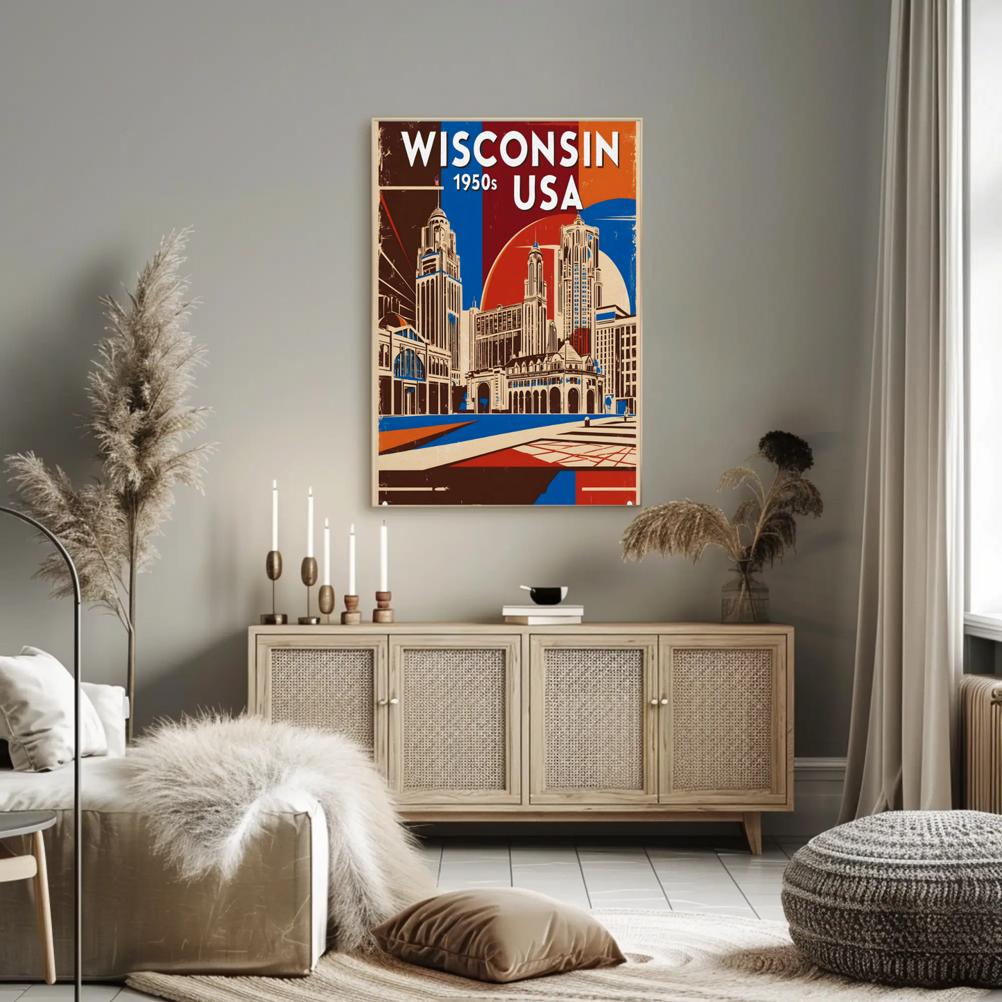 Wisconsin USA 1950s Urban Skyline Vintage Travel Poster