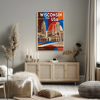 Wisconsin USA 1950s Urban Skyline Vintage Travel Poster