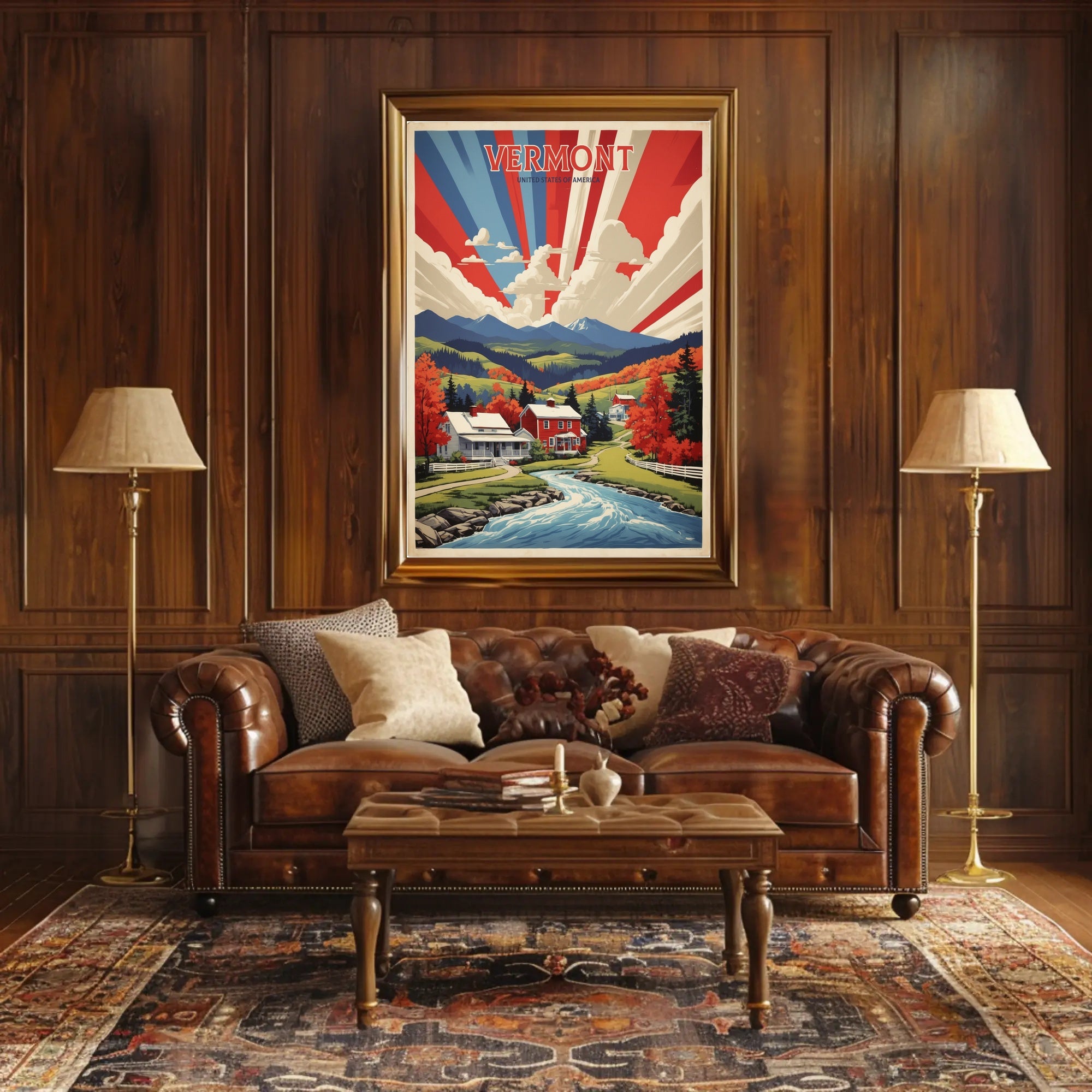 Vibrant Vermont Landscape: Vintage Travel Poster
