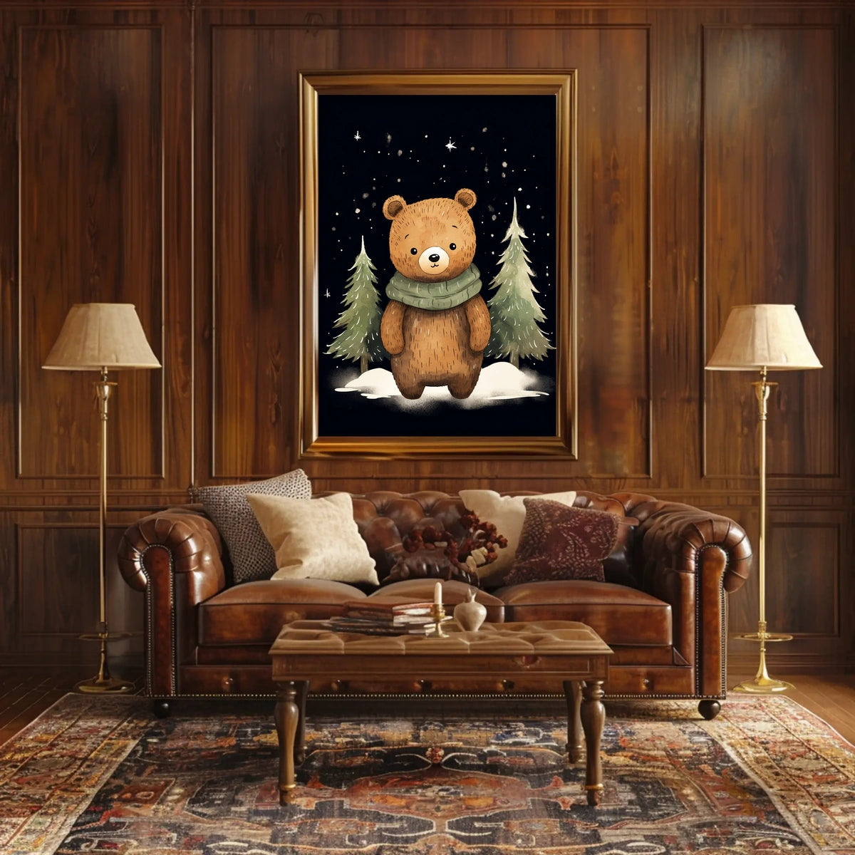 Whimsical Bear Winter Night Scene Art Poster