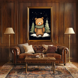 Whimsical Bear Winter Night Scene Art Poster