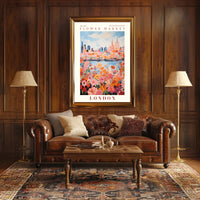 London Flower Market: Vibrant Blooms Against Iconic Skyline Poster