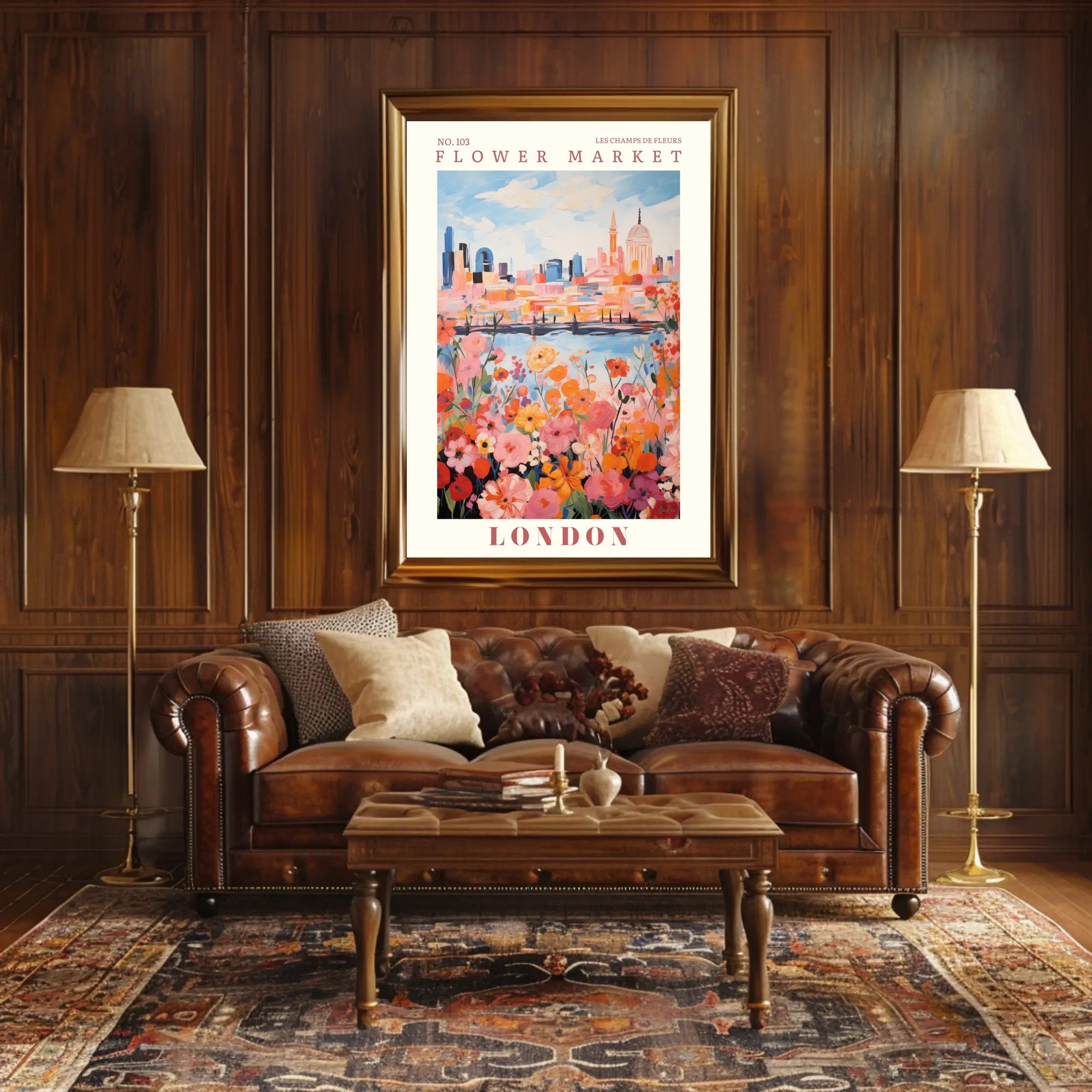 London Flower Market: Vibrant Blooms Against Iconic Skyline Poster