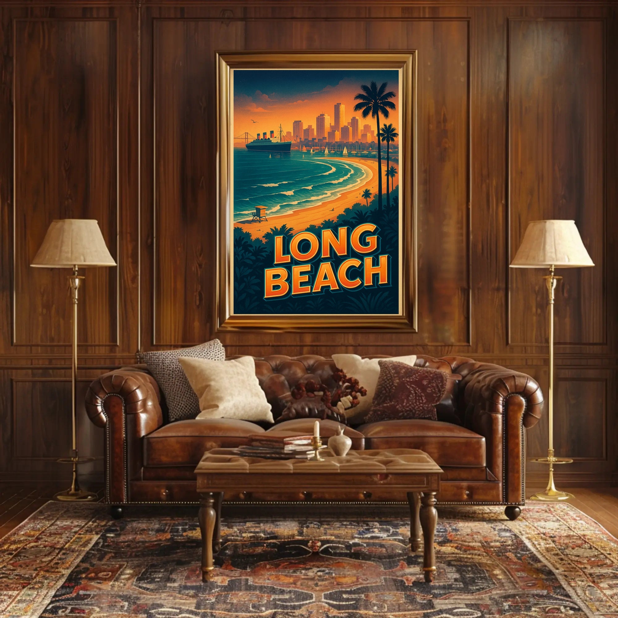 Long Beach Sunset Retro Travel Poster