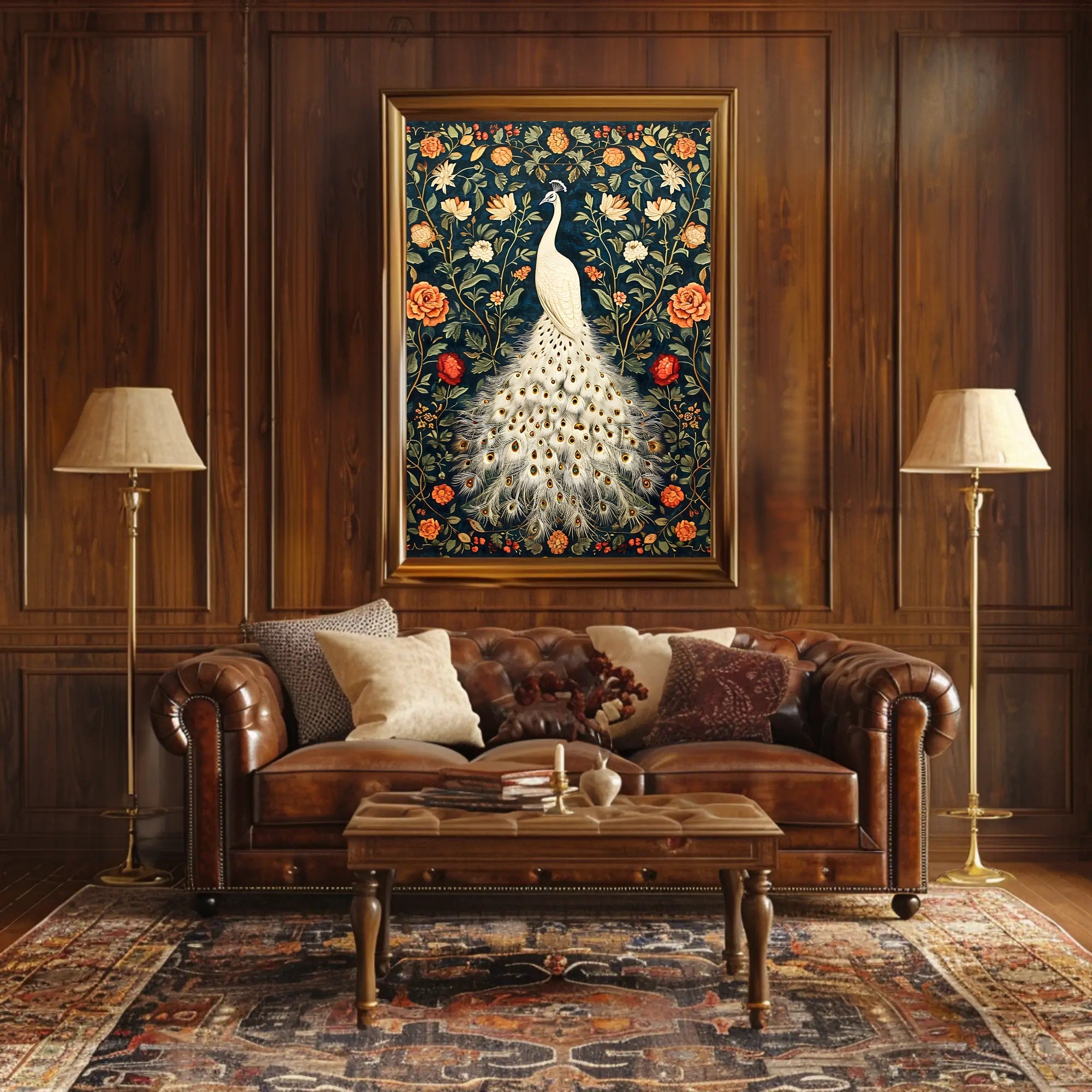 Exquisite White Peacock Among Floral Splendor - Artistic Poster