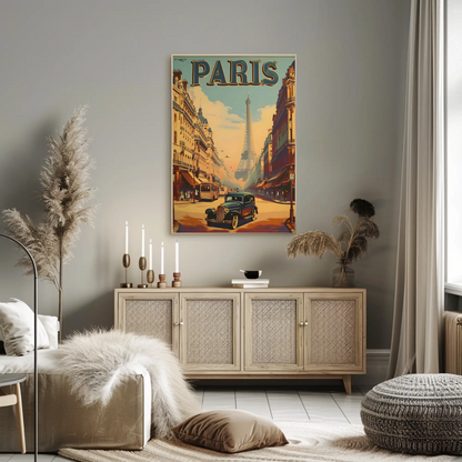 Classic Parisian Avenue Eiffel Backdrop Vintage Travel Poster