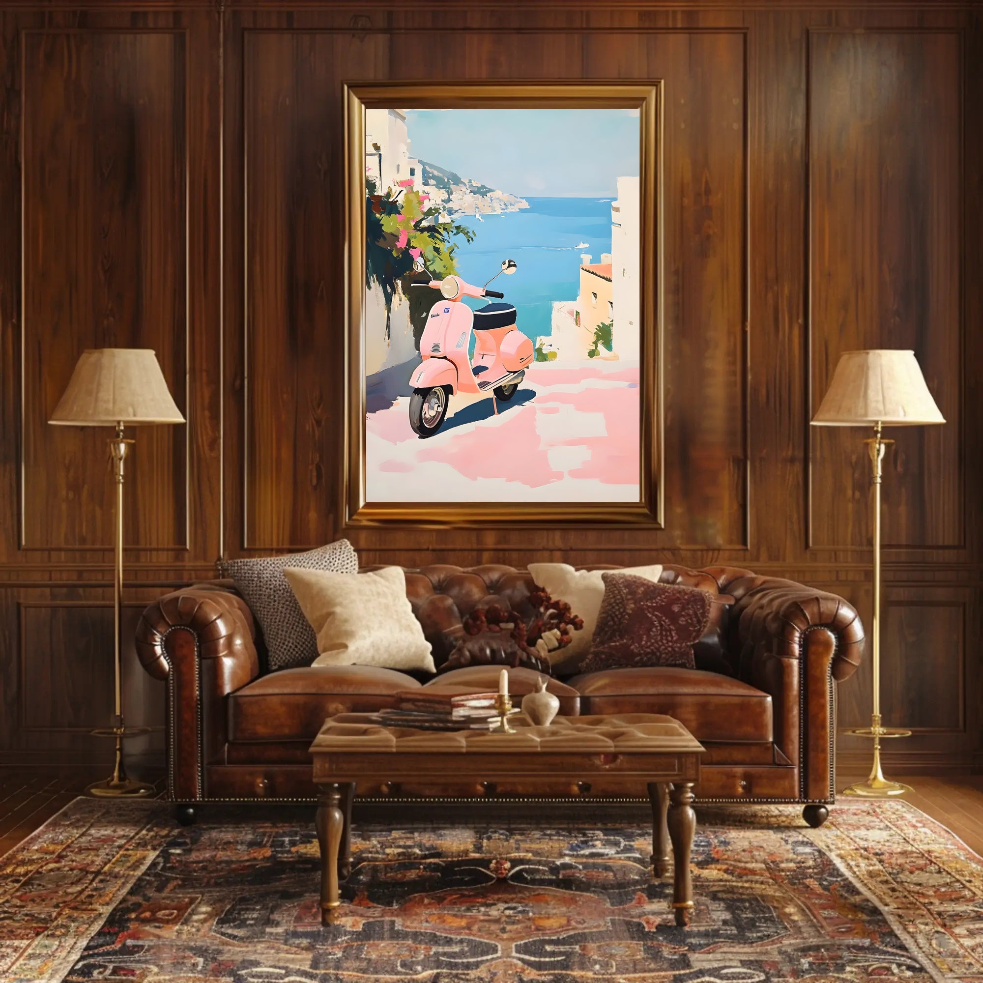 Vespa Coastal Poster Vintage Pastel Travel Wall Art