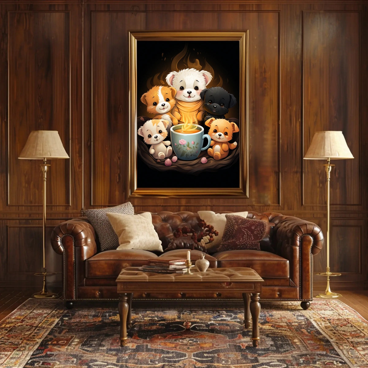 Whimsical Puppies Tea Time Art Poster Print