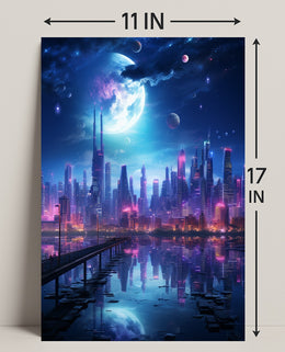 Neon Cityscape Under A Cosmic Sky Poster
