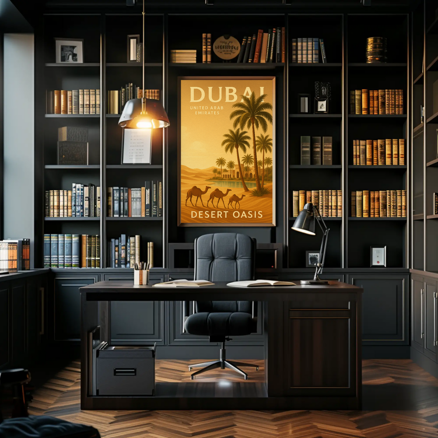 Dubai Desert Oasis Camels Palms Sunset Poster