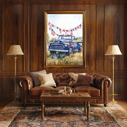 pickup truck parked in a sunny field Poster