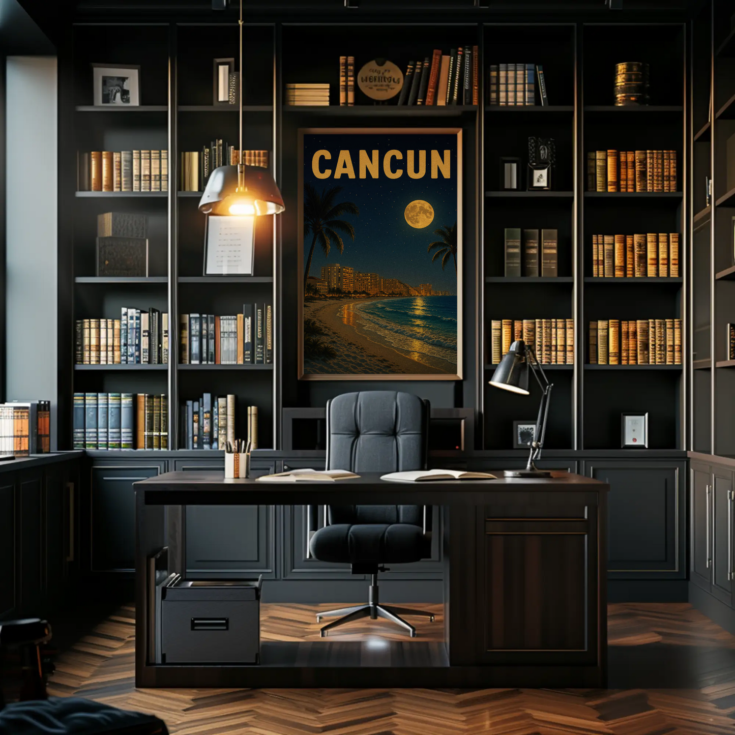 Cancun Beachfront Skyline Moonlight Travel Poster