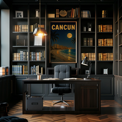 Cancun Beachfront Skyline Moonlight Travel Poster