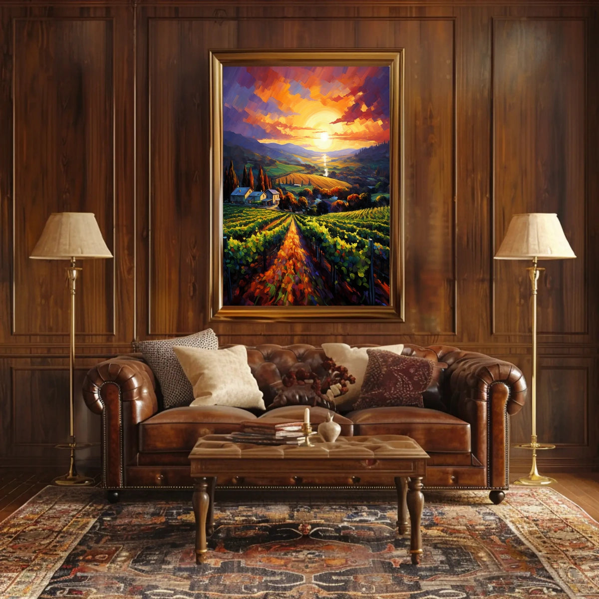 Vibrant Vineyard Sunset Landscape Impressionistic Artistic Poster