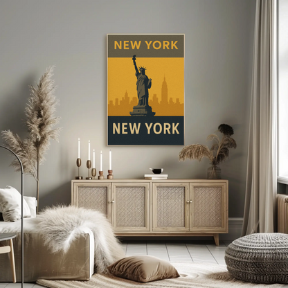 New York City Statue Skyline Yellow Vintage Travel Poster
