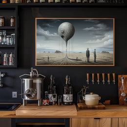 Surreal Metallic Sphere Floats in Desolate Sci-Fi Landscape Poster