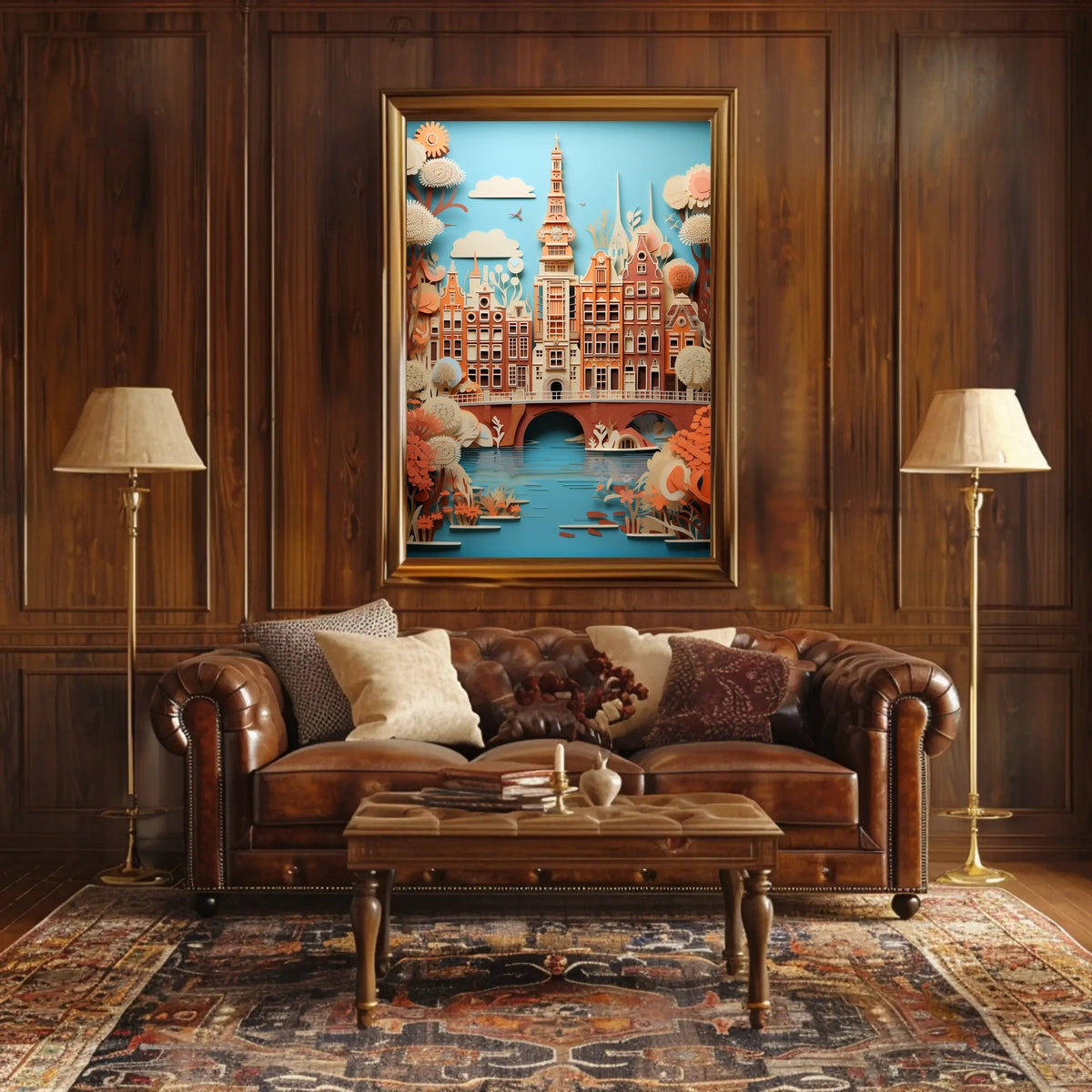 Amsterdam Canal Bridge Scene with Whimsical Urban or Cityscape Poster