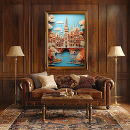 Amsterdam Canal Bridge Scene with Whimsical Urban or Cityscape Poster