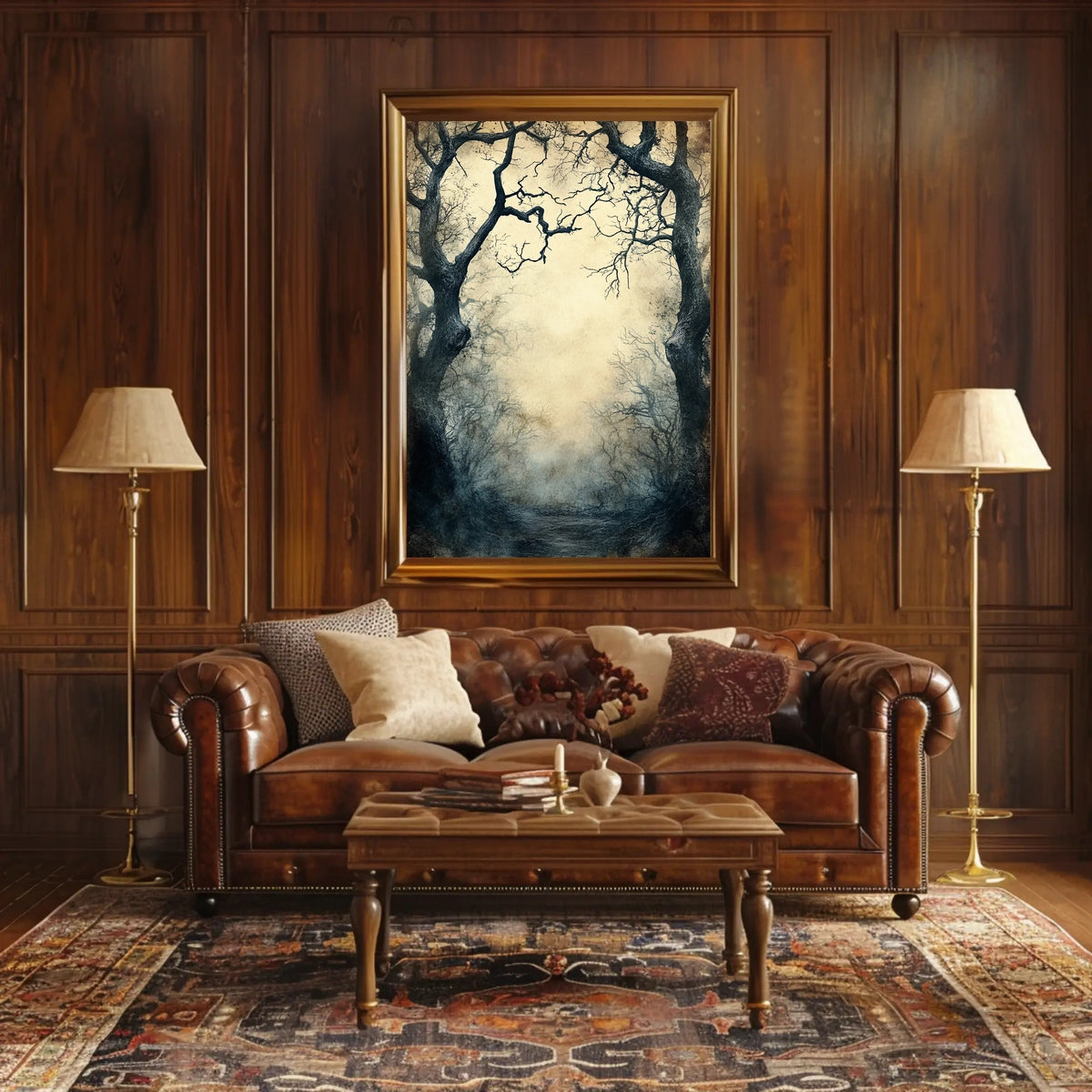 Enchanted Gnarled Trees in Misty Forest - Artistic Poster