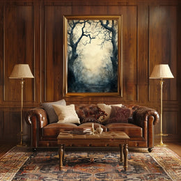 Enchanted Gnarled Trees in Misty Forest - Artistic Poster