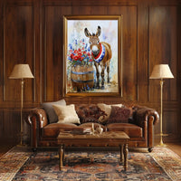 Cheerful Donkey Standing Beside Wooden Barrel Poster