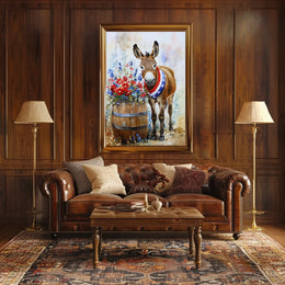 Cheerful Donkey Standing Beside Wooden Barrel Poster
