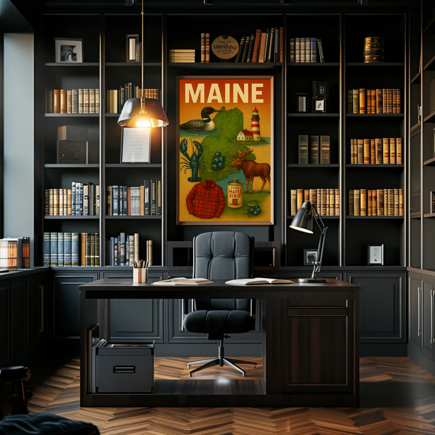 Maine State Symbols Moose Maple Lighthouse Poster